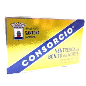 Lata de ventresca de bonito del norte conservas consorcio en aceite de oliva